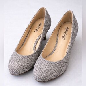 Women’s Medium High Heel Salt and Pepper Woven Fabric